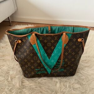 Louis Vuitton Brown and Teal Monogram Tote